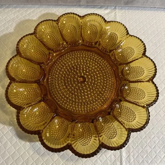 Vintage Amber‎ Thick Indiana Glass Hobnail Deviled Egg Platter Tray Dish - Picture 3 of 6